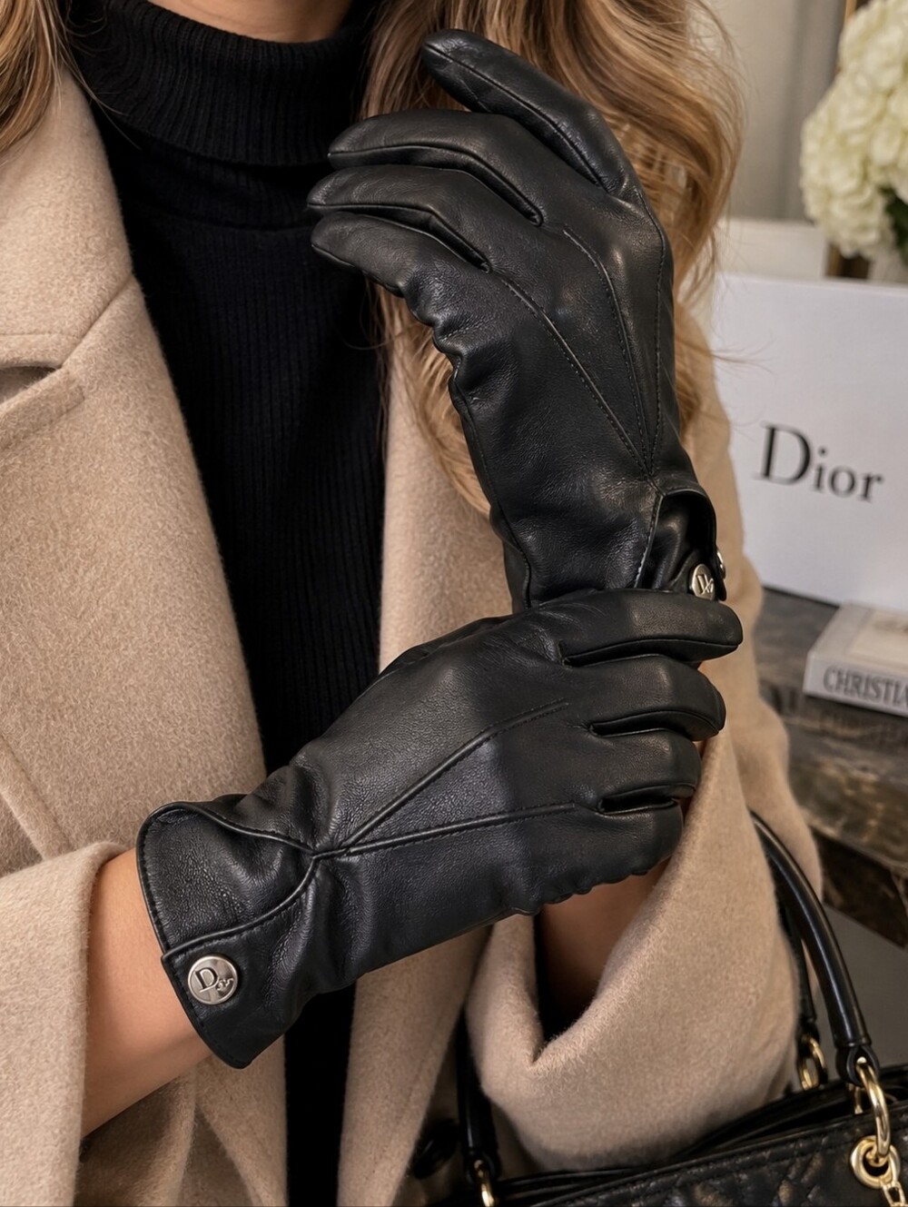 Authentic Christian Dior Black Leather Gloves – Size L – Wool Lining – Vintage